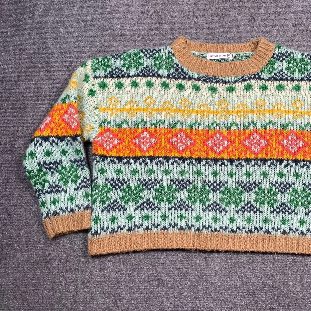 Vintage Charm Fair Isle Sweater Men Size S M Green Orange Geometric Knit‎
